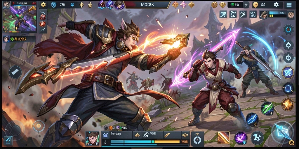 Tampilan gameplay menegangkan di arena MOBA 73K.