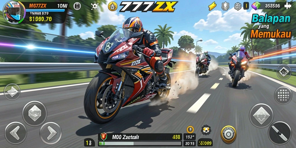 Screenshot gameplay 777ZX yang menunjukkan balapan motor yang seru.