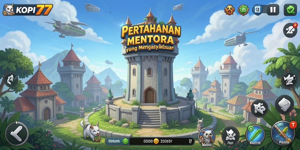 Screenshot gameplay KOPI77 menunjukkan menara pertahanan sedang beraksi melawan musuh.