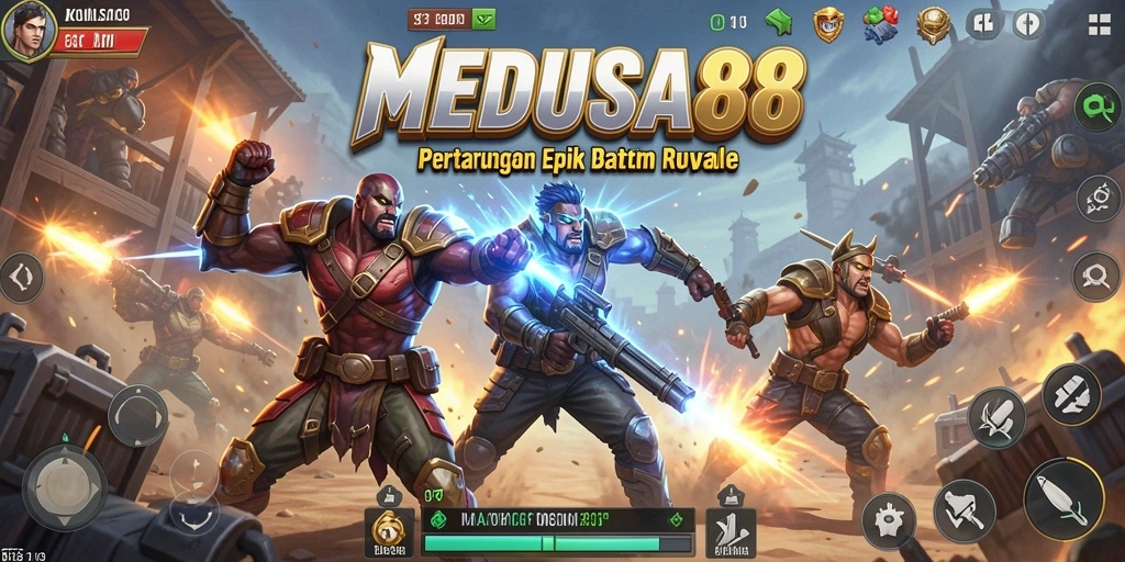 Tangkapan layar gameplay MEDUSA88 yang menunjukkan aksi pertempuran seru di arena Battle Royale.