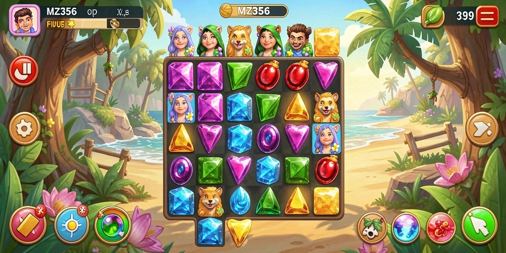 Tampilan gameplay MZ356 saat mencocokkan permata berwarna.