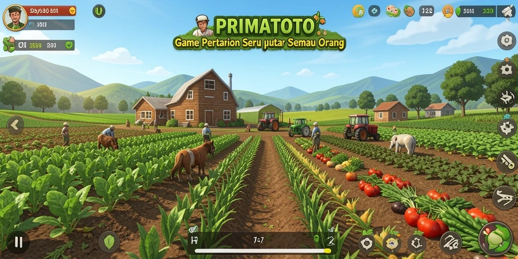 Tampilan gameplay seru di PRIMATOTO dengan aktivitas bertani.