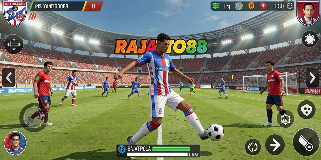 Screenshot gameplay RAJATOTO88 menampilkan aksi seru di lapangan sepak bola.
