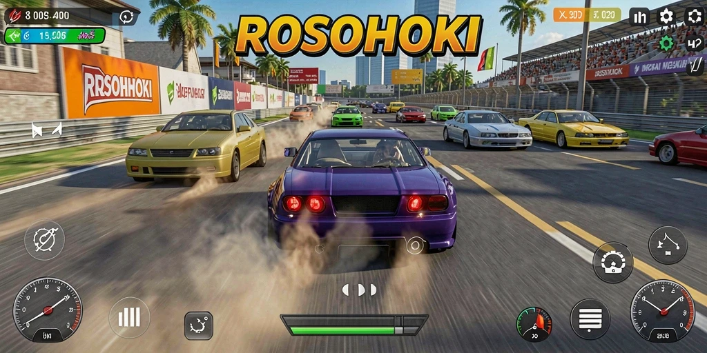 Gameplay seru dalam ROSOHOKI dengan aksi balap yang mendebarkan.