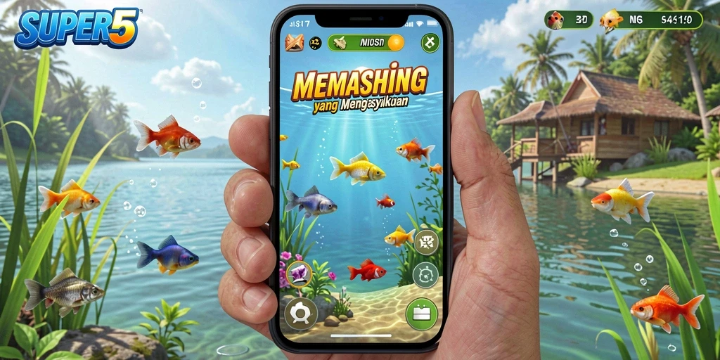 Tampilan gameplay <strong>SUPER5</strong> yang menampilkan aksi menangkap ikan.