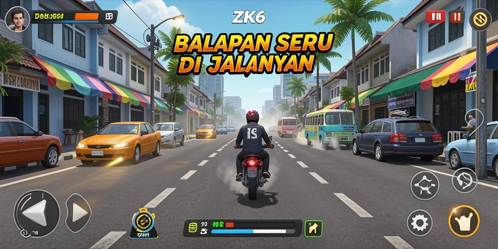 Gameplay mendebarkan ZK6 di trek balapan yang menantang.